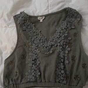 POL Olive Green Sleeveless Embellished Crop Tank